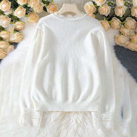 Women's Sweaters V Neck Lace Trim Long Sleeve Fall Pullover Tops Trendy Outfits For Women